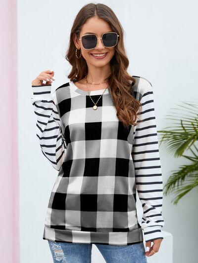 Plaid Striped Round Neck Long Sleeve T-Shirt