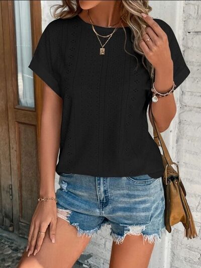 Eyelet Round Neck Short Sleeve T-Shirt