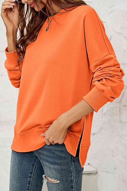 Round Neck  Dropped Shoulder Slit Sweatshirt