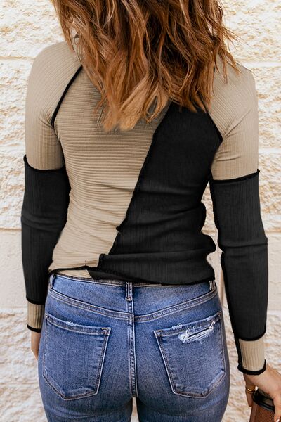 Color Block Round Neck Long Sleeve T-Shirt