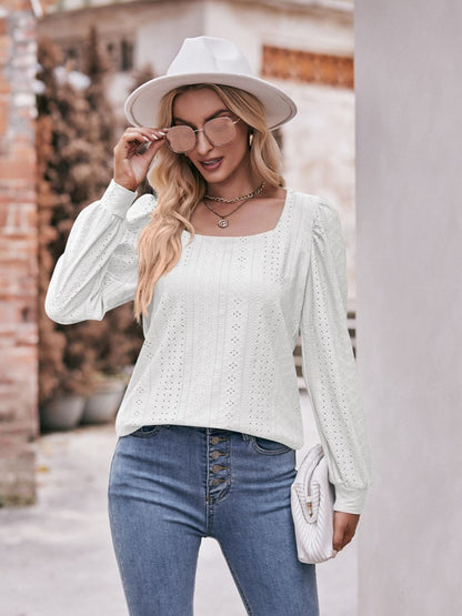 Eyelet Square Neck Puff Sleeve Blouse