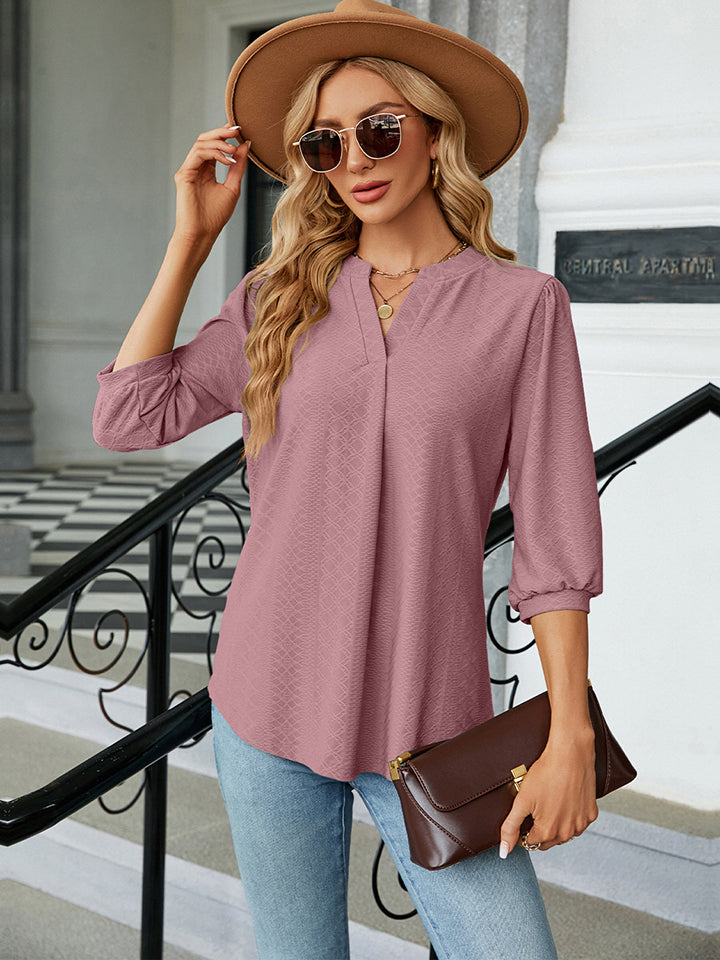 Notched Neck Three-Quarter Sleeve Blouse