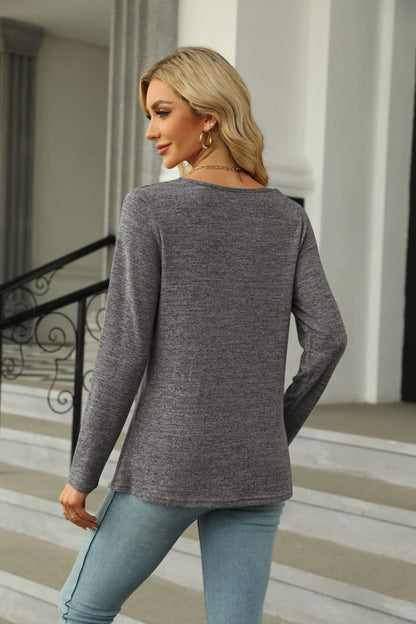 Square Neck Long Sleeve Slit T-Shirt