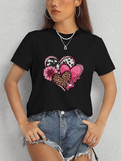 Heart Round Neck Short Sleeve T-Shirt