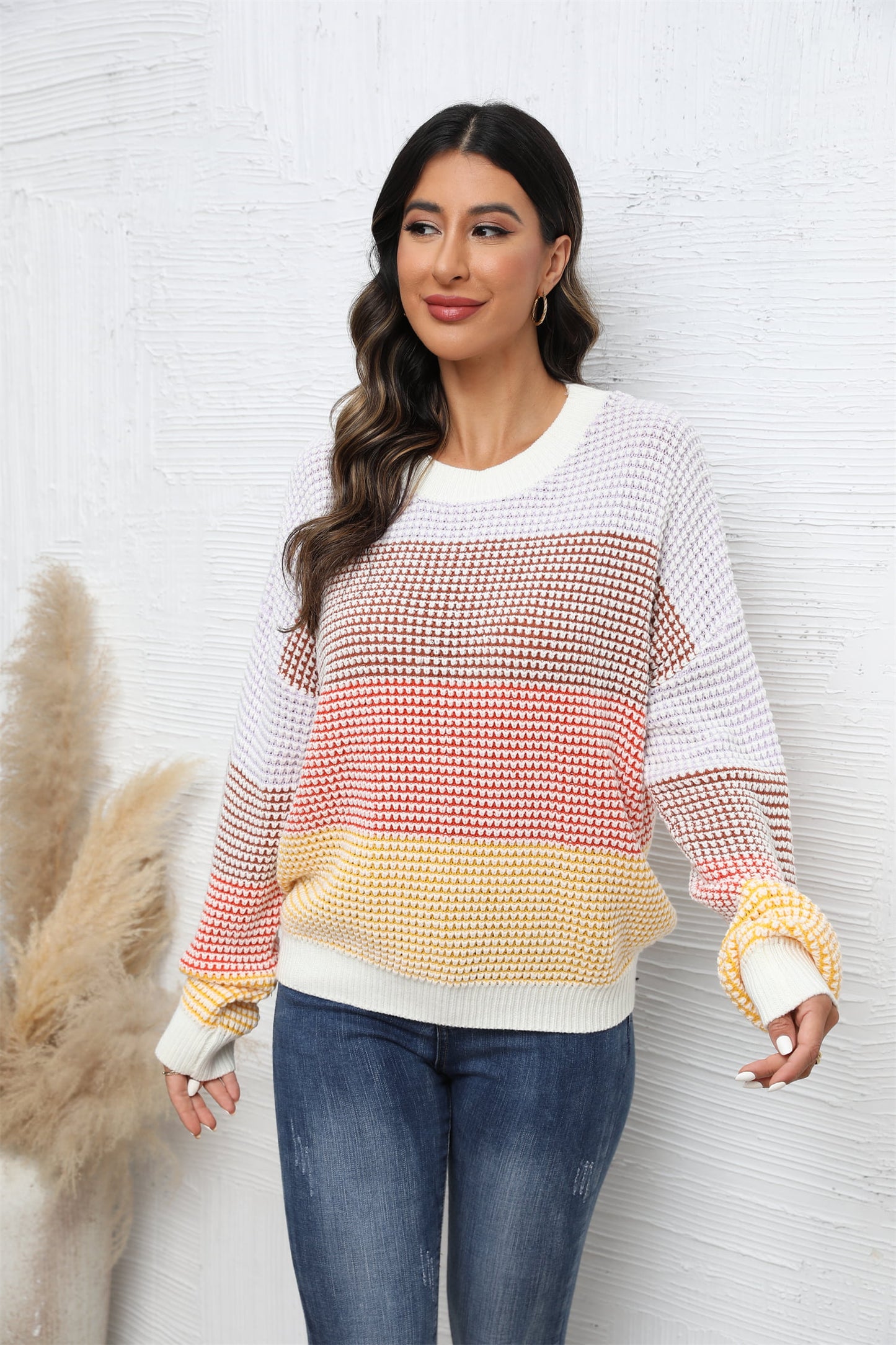 Waffle-Knit Round Neck Dropped Shoulder Color Block Sweater