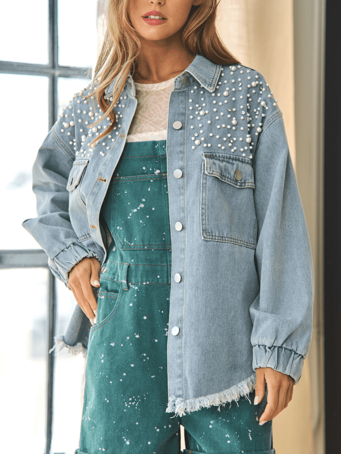 Collared Neck Raw Hem Dropped Shoulder Denim Jacket