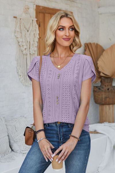 Decorative Button Eyelet V-Neck Short Sleeve T-Shirt