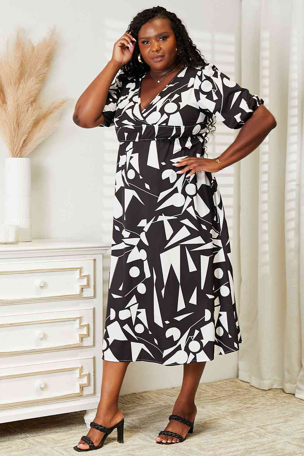 Double Take Printed Surplice Balloon Sleeve Dress