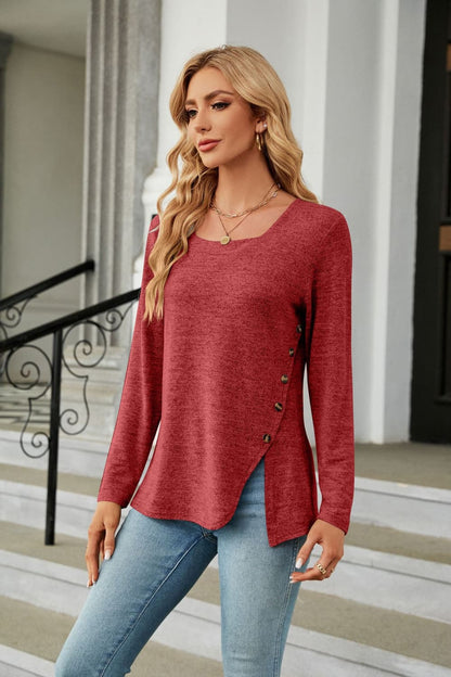 Square Neck Long Sleeve Slit T-Shirt