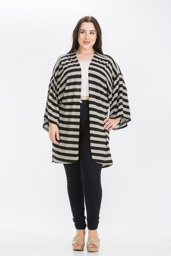 Striped, Cardigan With Kimono Style Sleeves