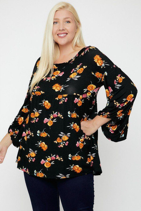 Plus Size Floral, Bubble Sleeve Tunic