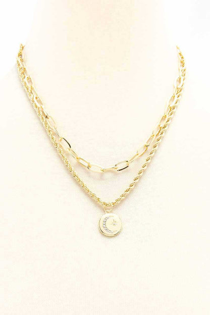 2 Layered Metal Chain Round Pendant Necklace