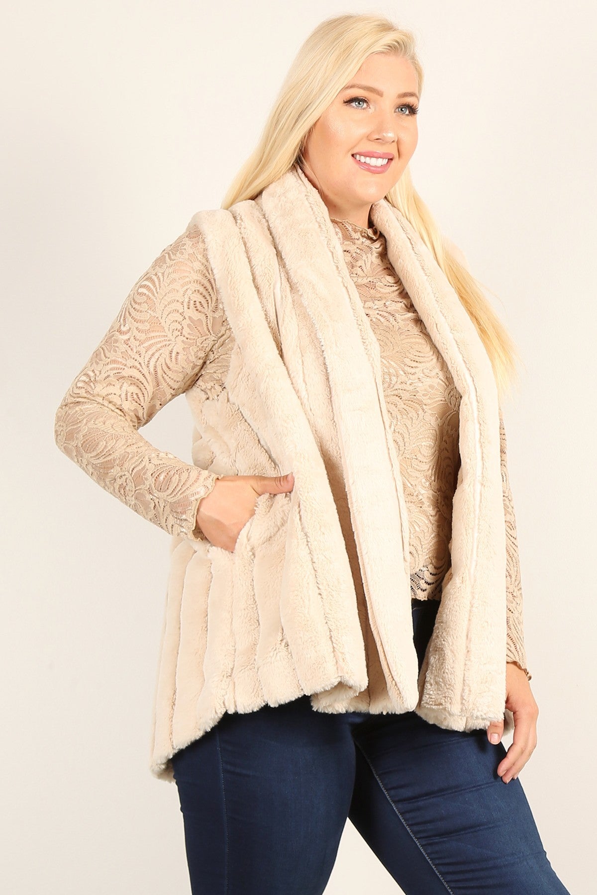 Plus Size Faux Fur Vest Jacket With Open Front, Hi-lo Hem, And Pockets