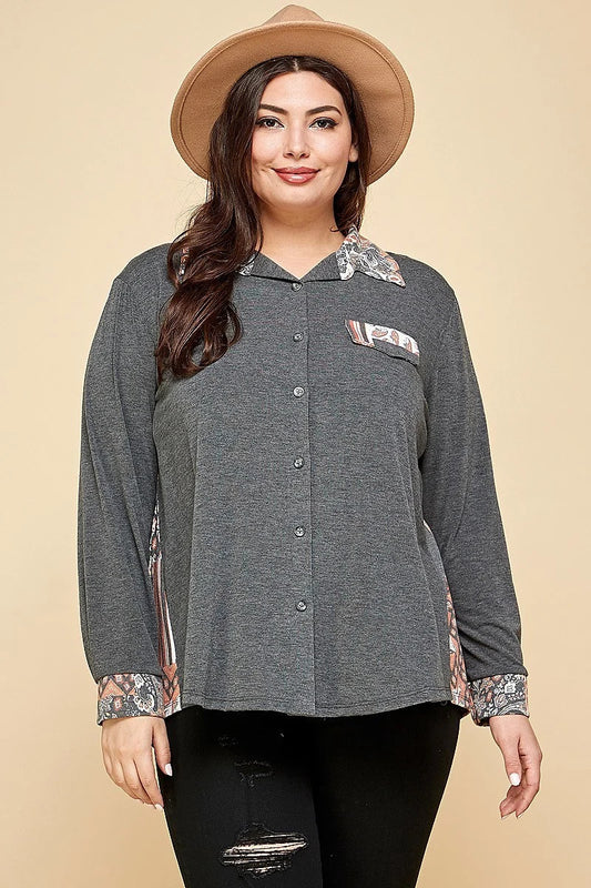 Plus Size Printed Patchwork Contrast Button Up Shirt