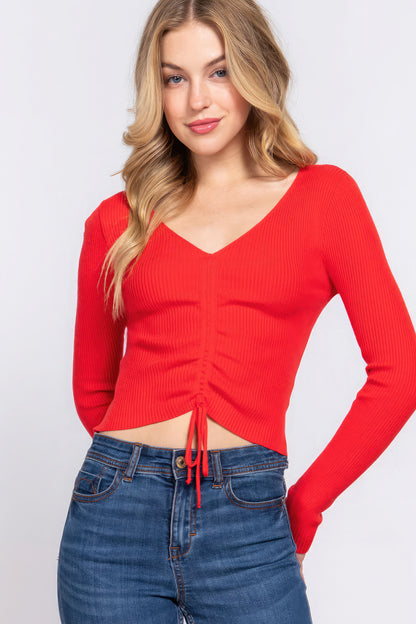 V-neck Shirring Tie Detail Sweater