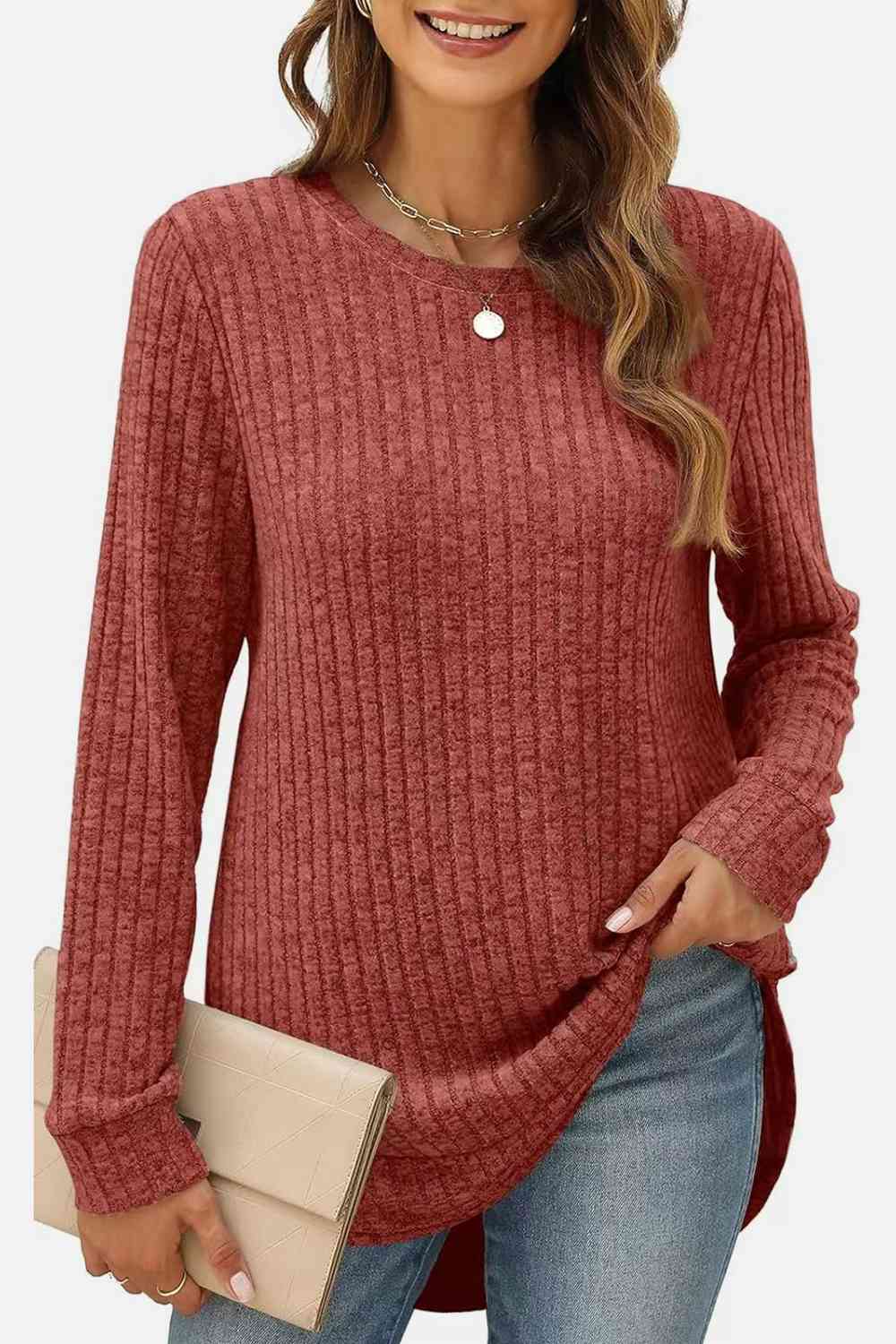 Ribbed Round Neck Long Sleeve T-Shirt