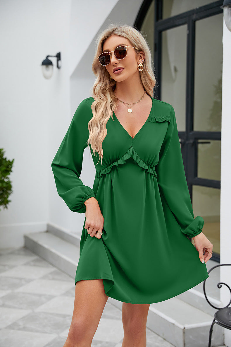 Frill Trim V-Neck Long Sleeve Dress