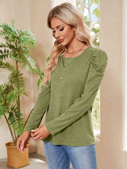 Buttoned Round Neck Puff Sleeve T-Shirt