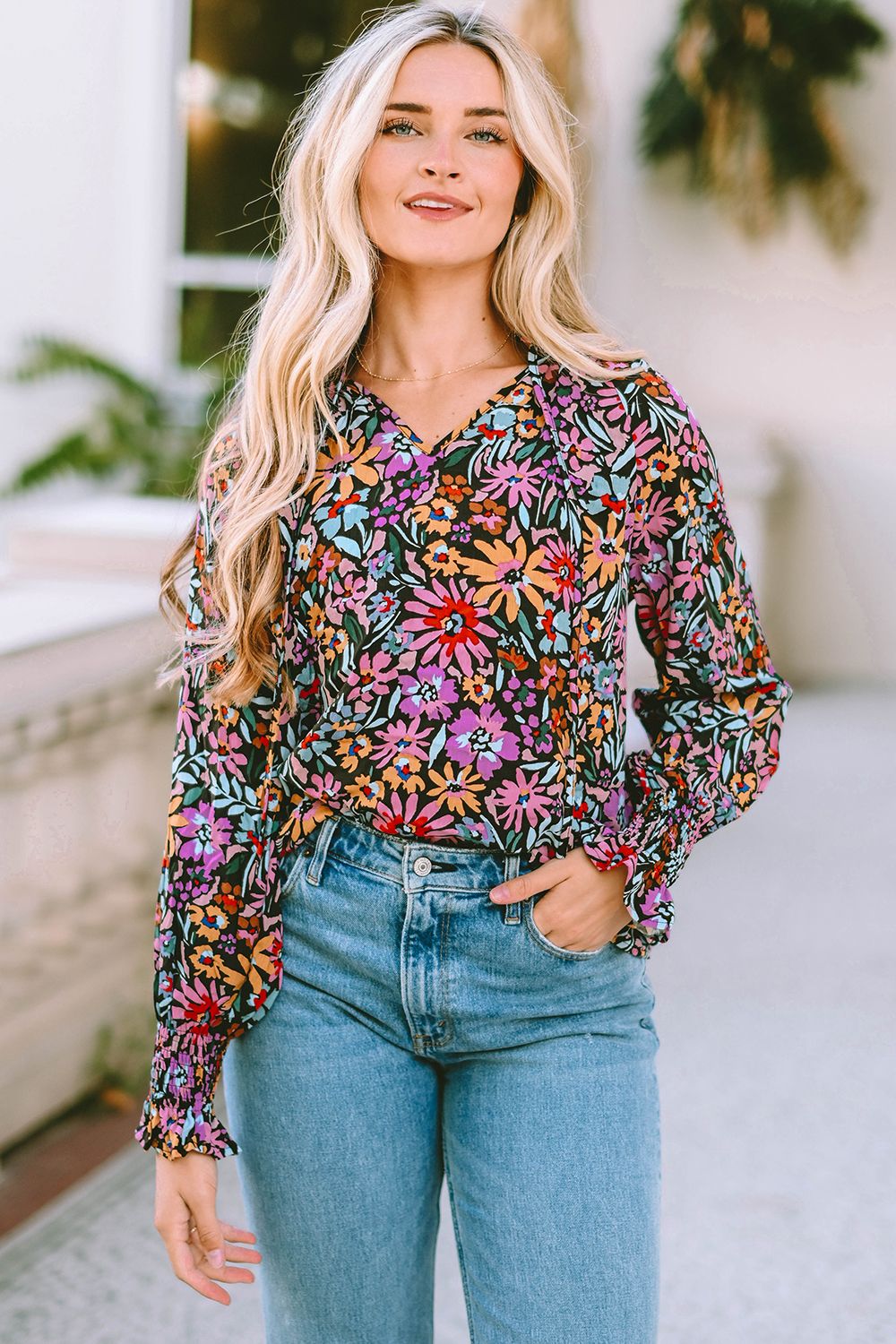 Floral Tie Neck Flounce Sleeve Blouse