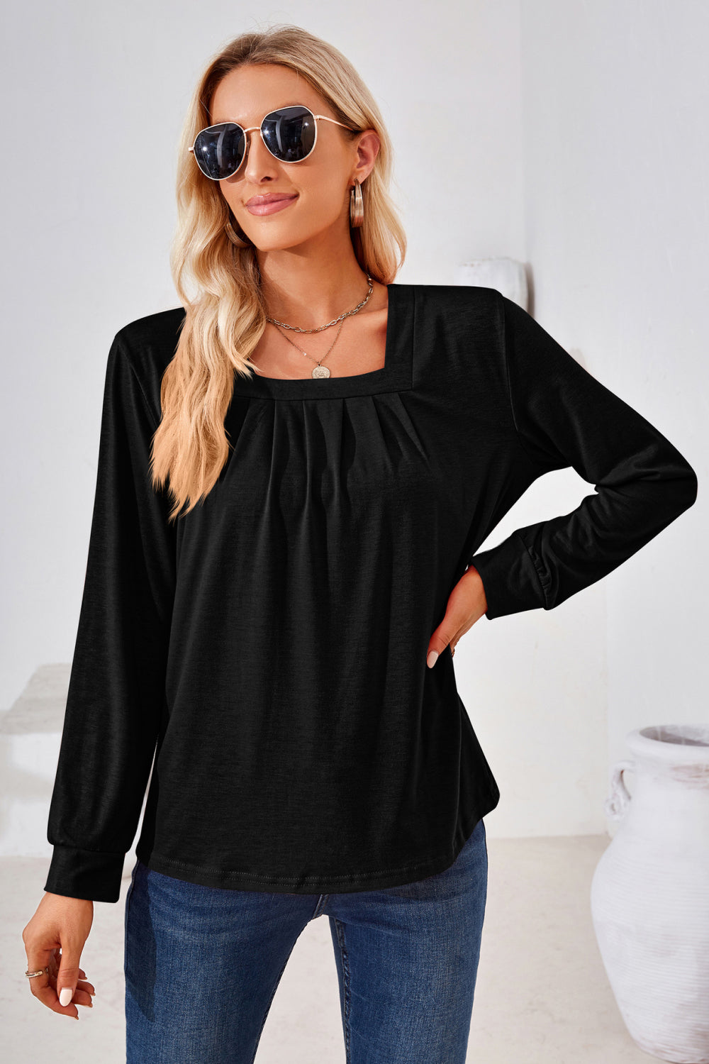 Square Neck Ruched Long Sleeve Blouse