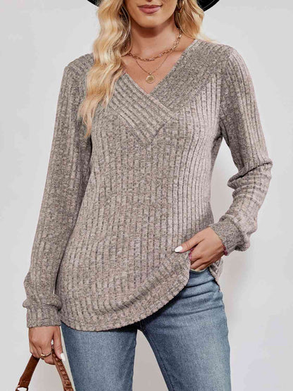 V-Neck Ribbed Long Sleeve Top