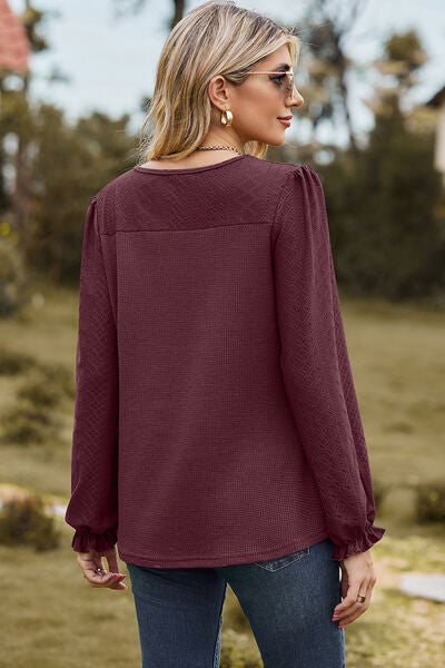 Eyelet Round Neck Flounce Sleeve T-Shirt