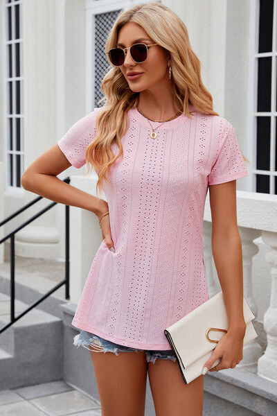 Eyelet Slit Round Neck Short Sleeve T-Shirt