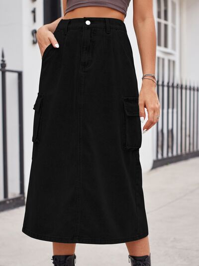 Slit Buttoned Denim Skirt with Pockets