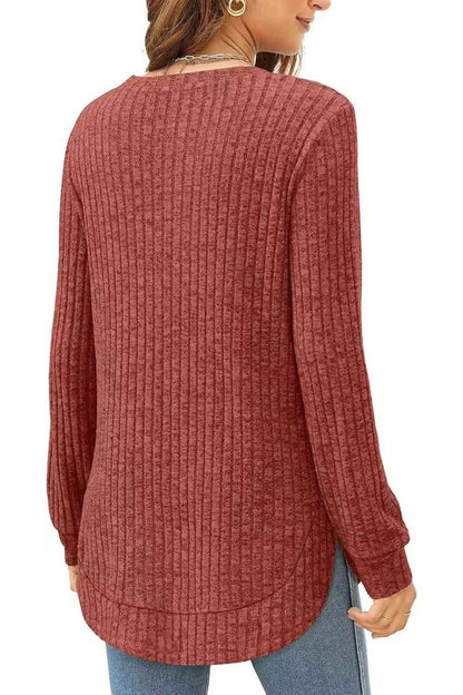 Ribbed Round Neck Long Sleeve T-Shirt