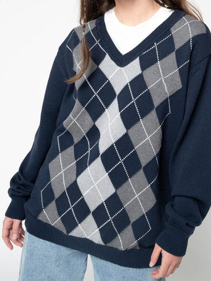 Geometric V-Neck Long Sleeve Sweater