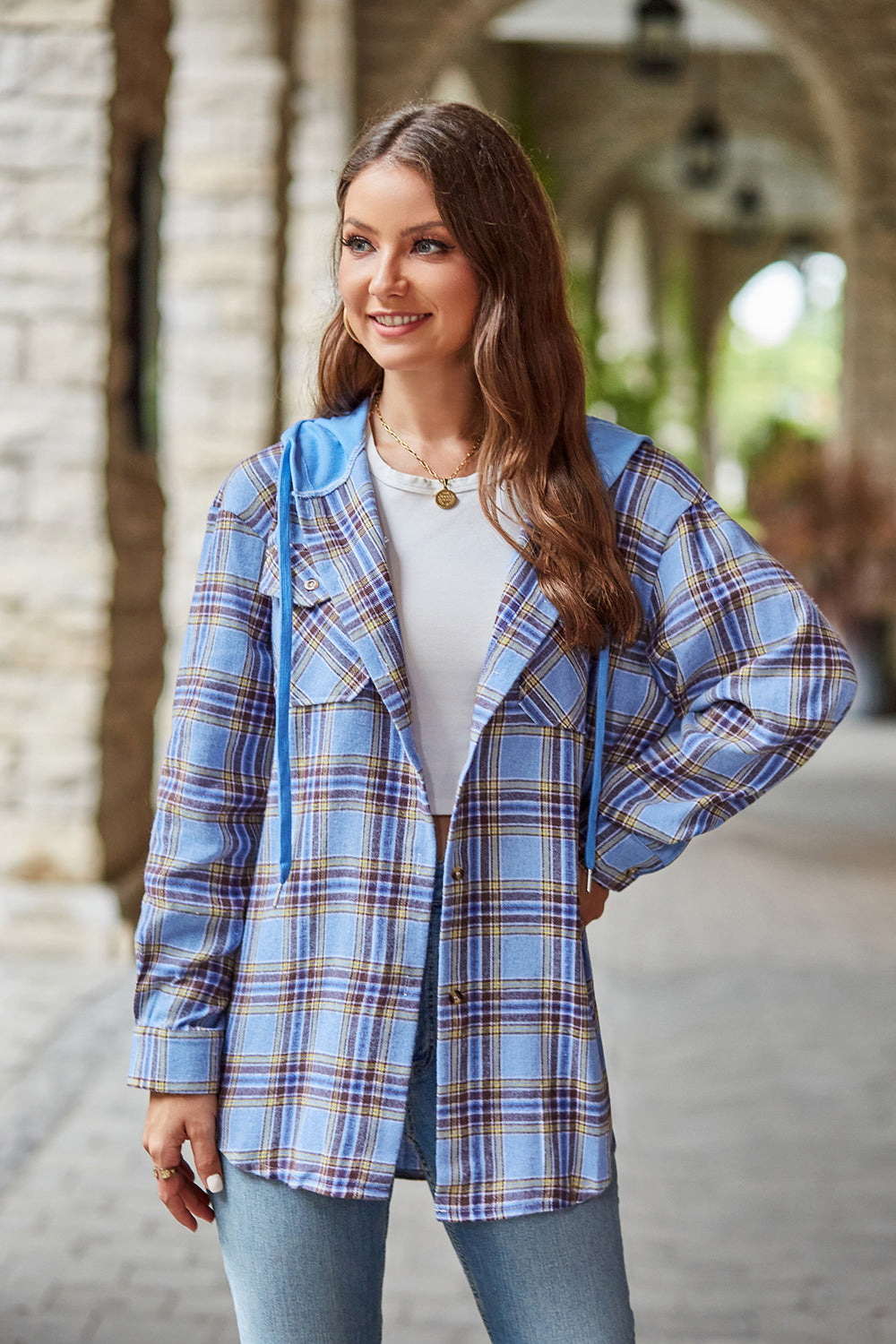 Plaid Long Sleeve Hooded Jacket