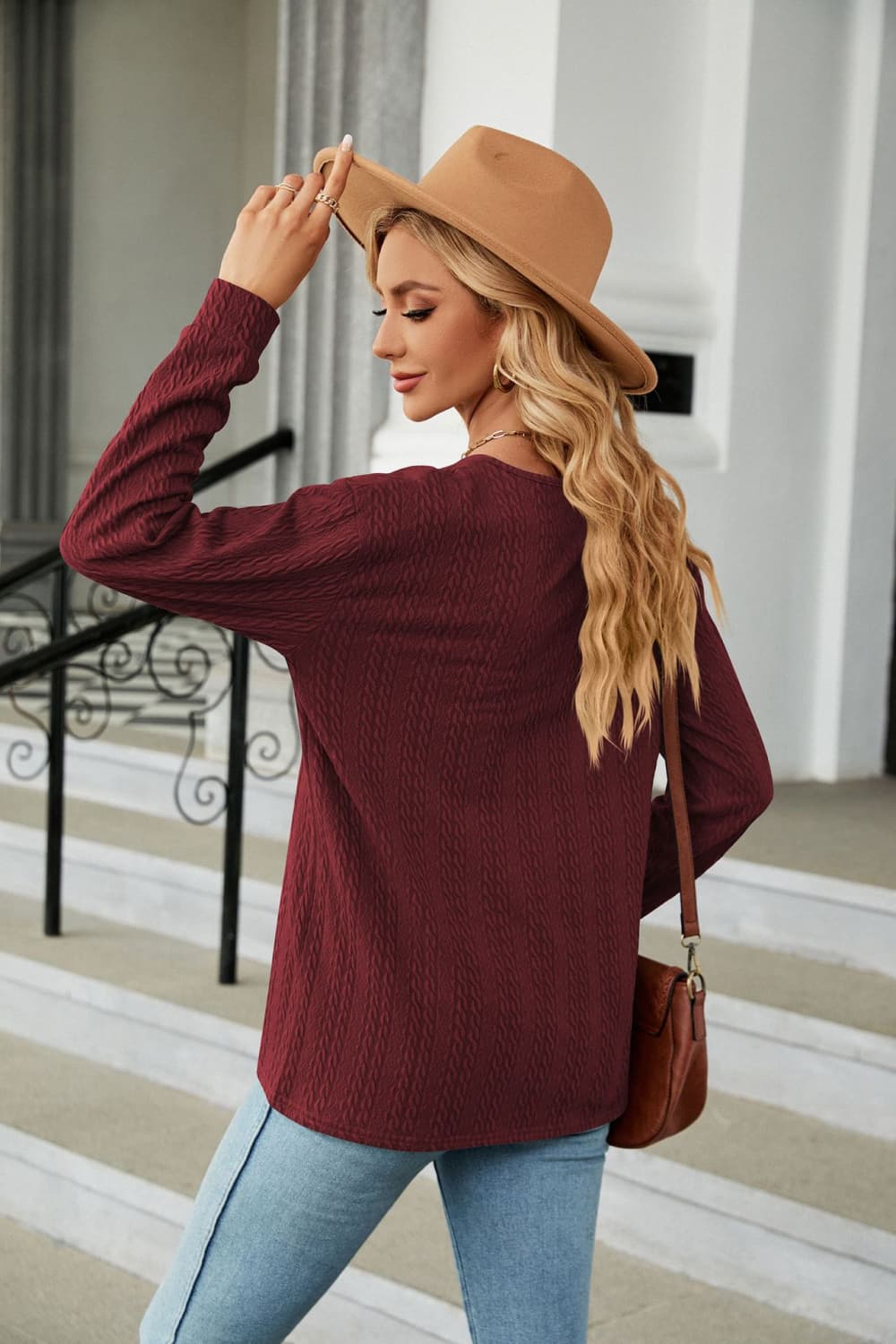 Decorative Button V-Neck Long Sleeve T-Shirt