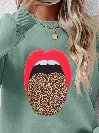 Leopard Lip Graphic Round Neck Sweatshirt