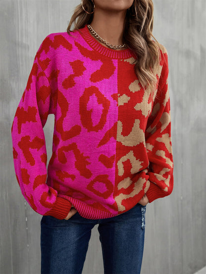 Round Neck Contrast Color Dropped Shoulder Sweater