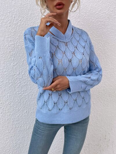 Openwork Cutout Dropped Shoulder Sweater