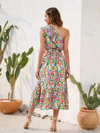 Ruffled Printed One Shoulder Midi Dress