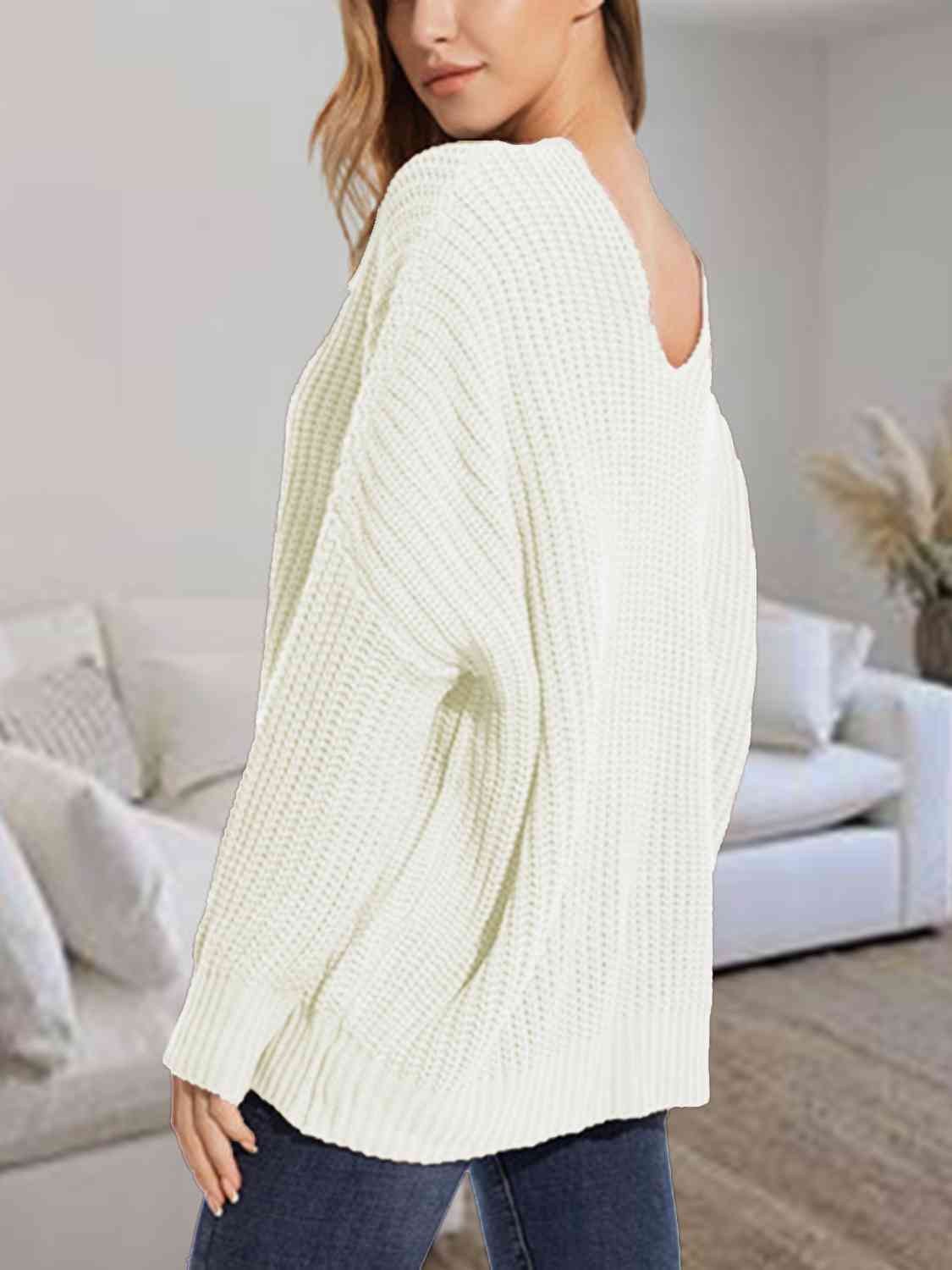 V-Neck Batwing Dropped Shoulder Sweater