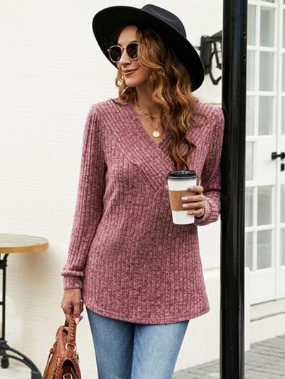 Ribbed Surplice Long Sleeve T-Shirt