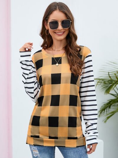 Plaid Striped Round Neck Long Sleeve T-Shirt