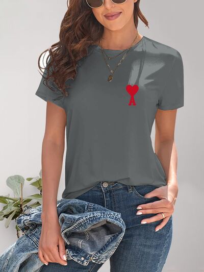 Heart Round Neck Short Sleeve T-Shirt