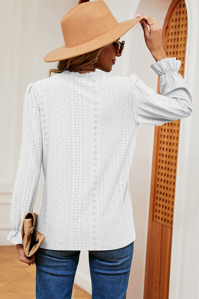 Eyelet V-Neck Flounce Sleeve T-Shirt