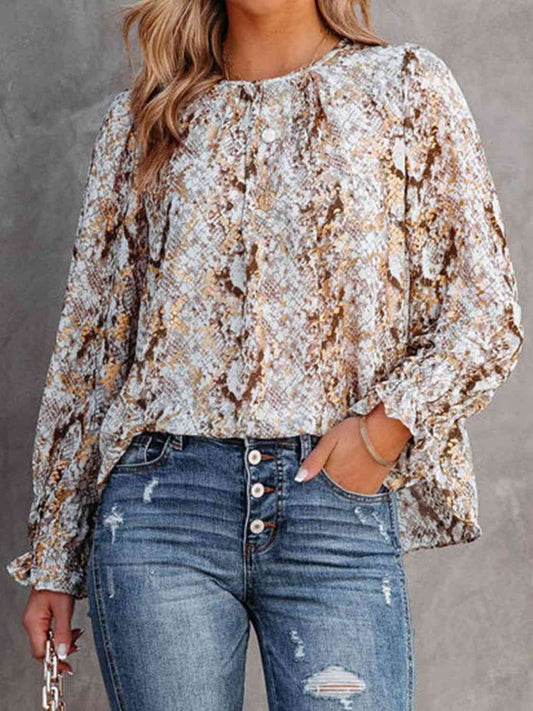 Printed Round Neck Long Sleeve Blouse