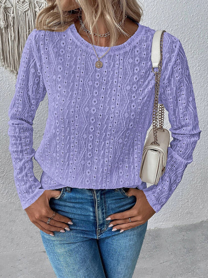 Eyelet Round Neck Long Sleeve Top