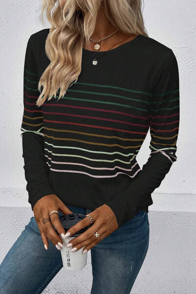 Striped Round Neck Long Sleeve T-Shirt