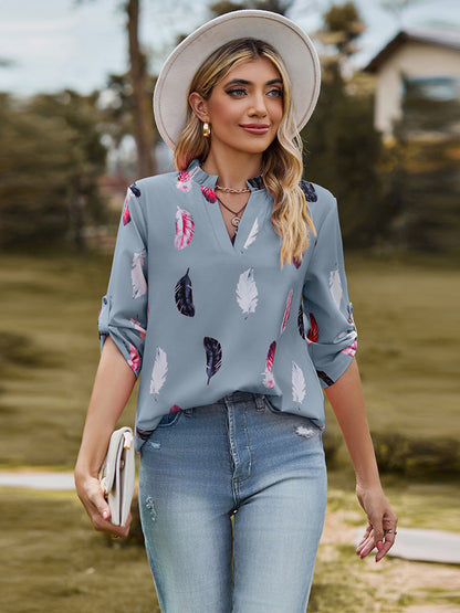 Printed Roll-Tab Sleeve Notched Neck Blouse