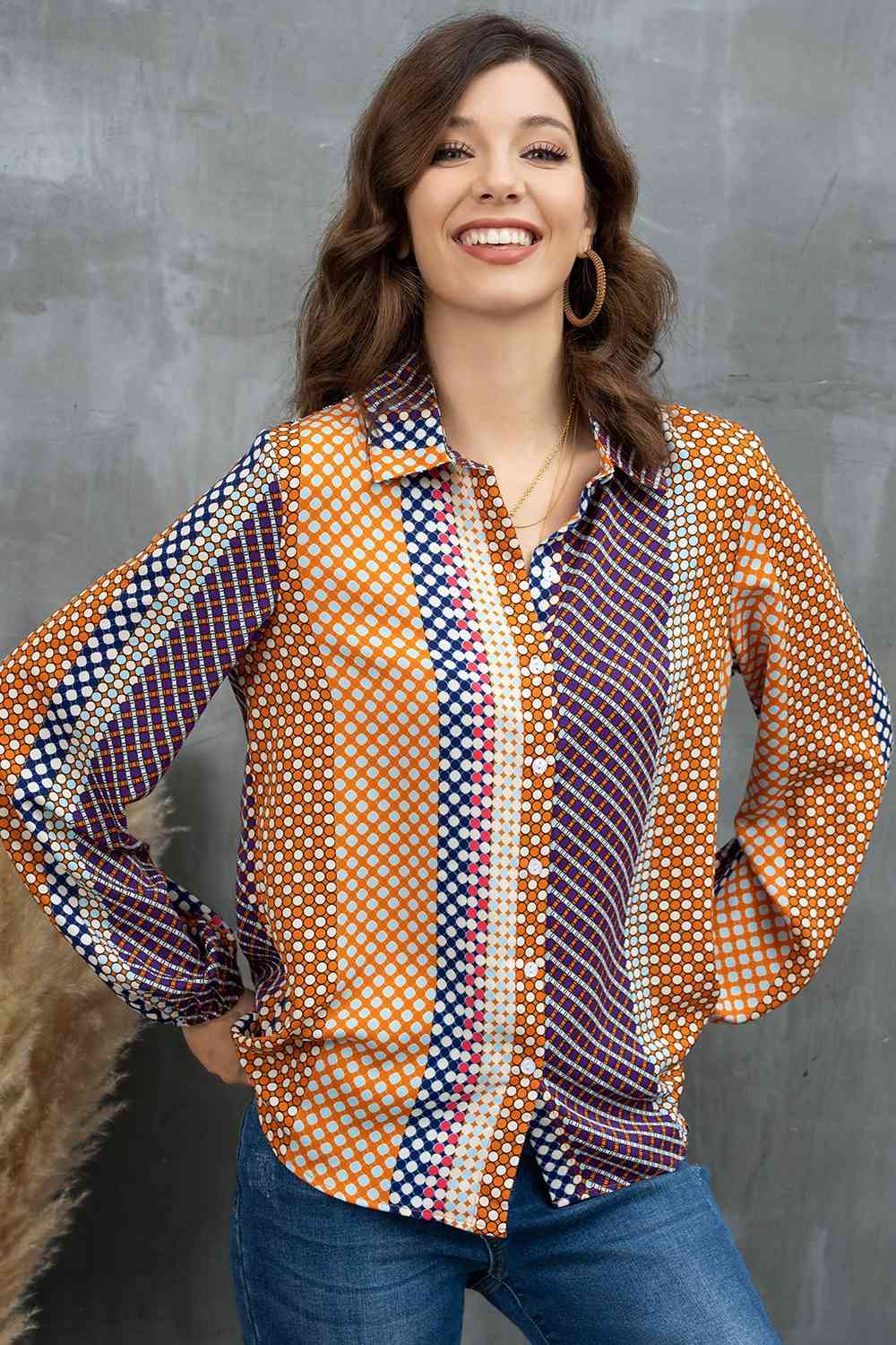 Printed Collared Neck Long Sleeve Shirt