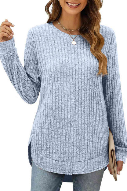 Ribbed Round Neck Long Sleeve T-Shirt