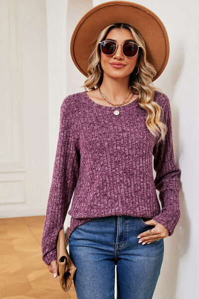 Ribbed Round Neck Long Sleeve T-Shirt