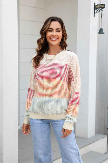 Waffle-Knit Round Neck Dropped Shoulder Color Block Sweater