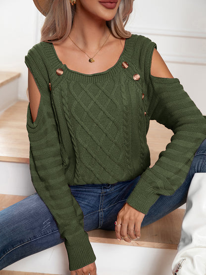 Decorative Button Cold-Shoulder Sweater